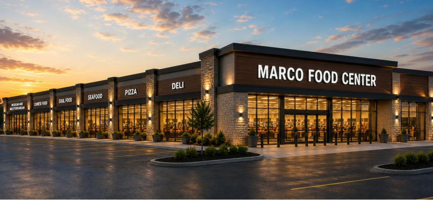 Artist's impression of the Marco Food Center storefront at dusk, with lit signage above the entrance and the food hall units along one side.